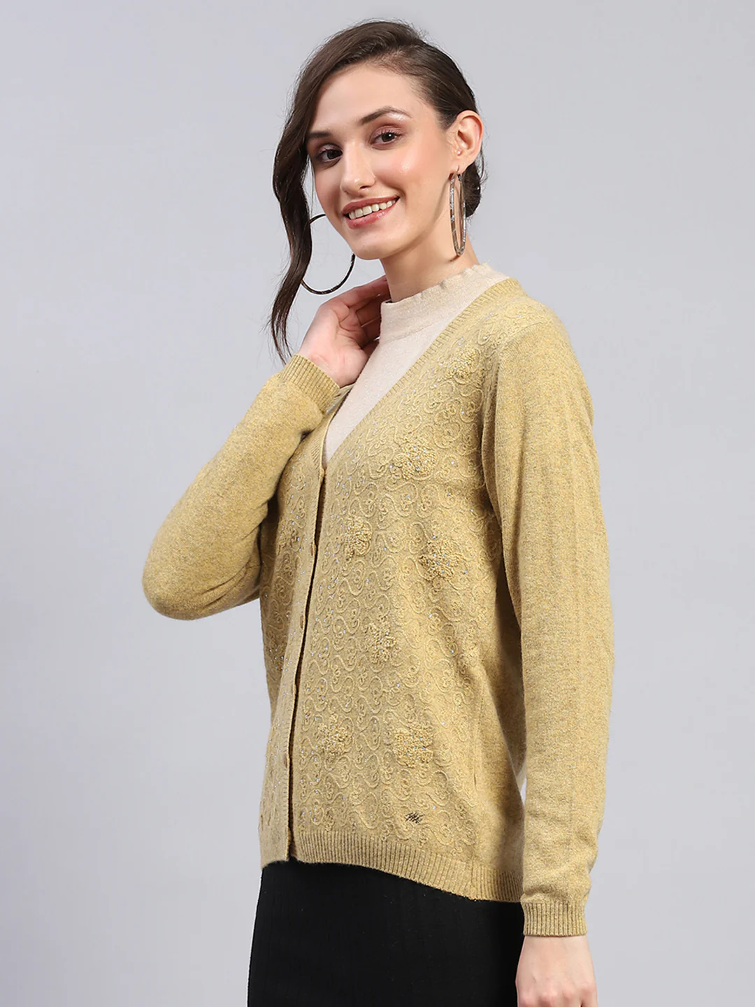 Women Mustard Self Design V Neck Full Sleeve Cardigan - Image 3