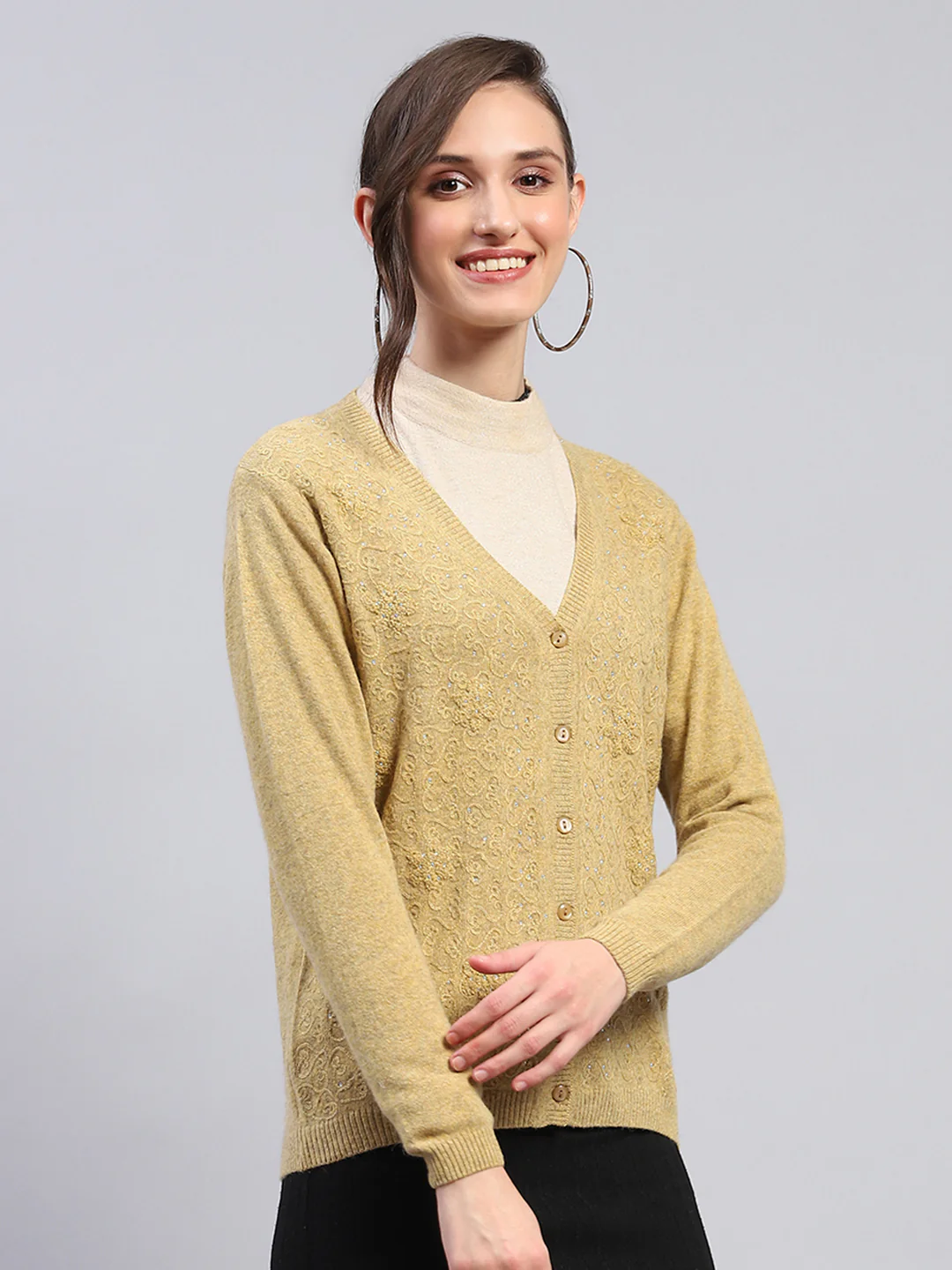 Women Mustard Self Design V Neck Full Sleeve Cardigan - Image 4