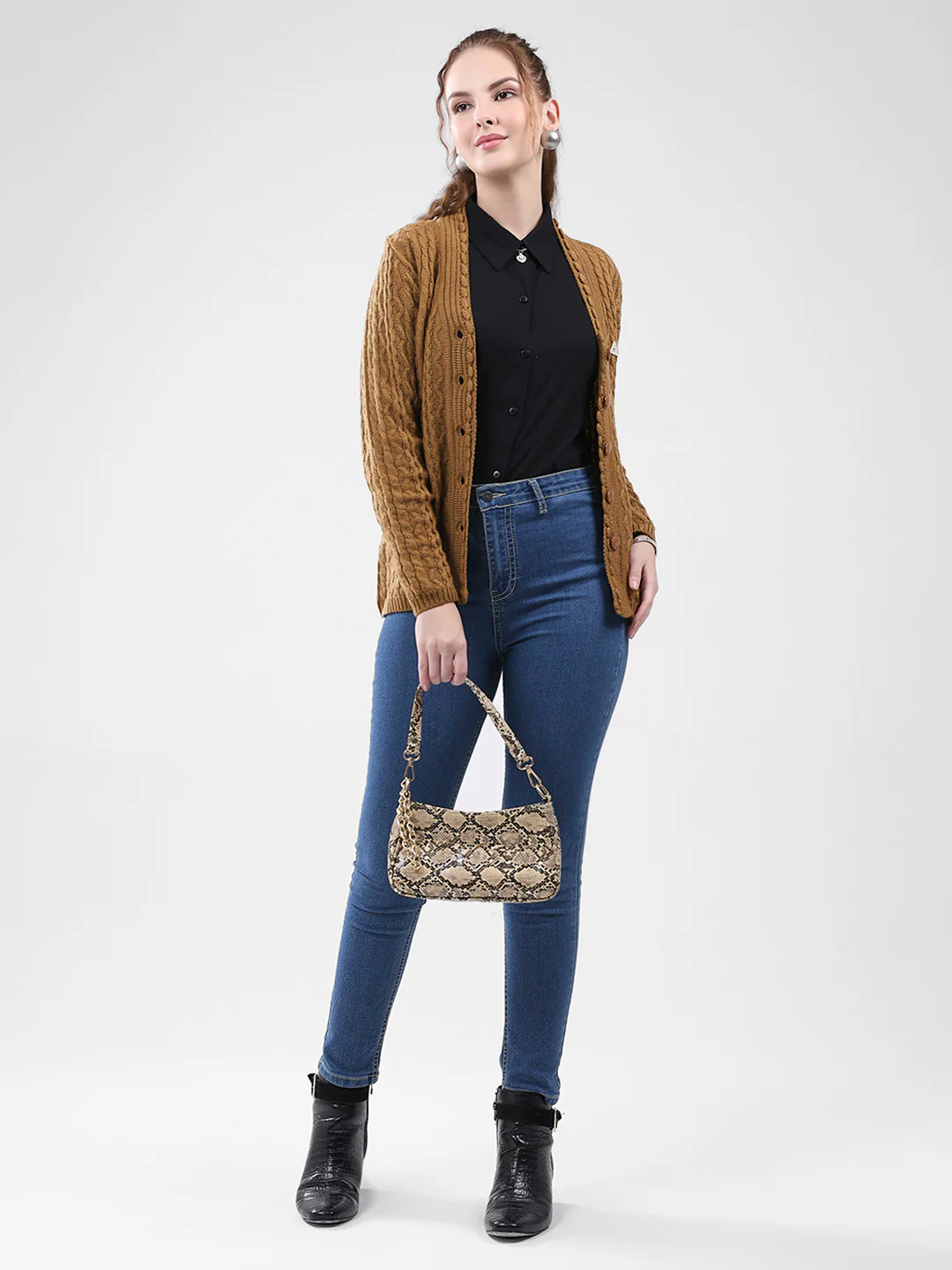 Women Mustard Self Design V Neck Full Sleeve Cardigan - Image 2