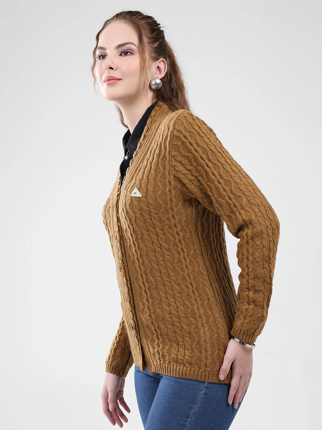 Women Mustard Self Design V Neck Full Sleeve Cardigan - Image 3