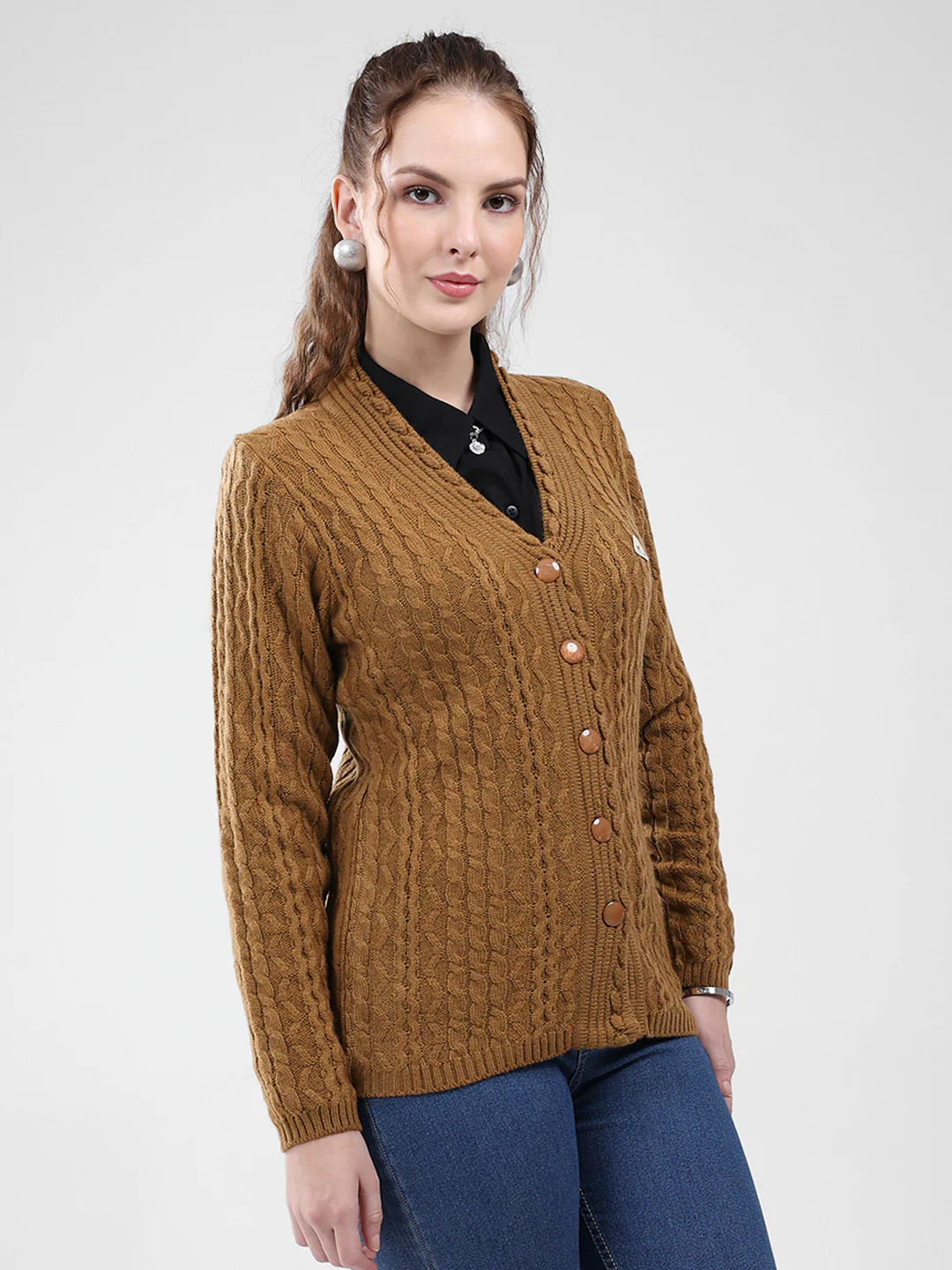 Women Mustard Self Design V Neck Full Sleeve Cardigan - Image 4