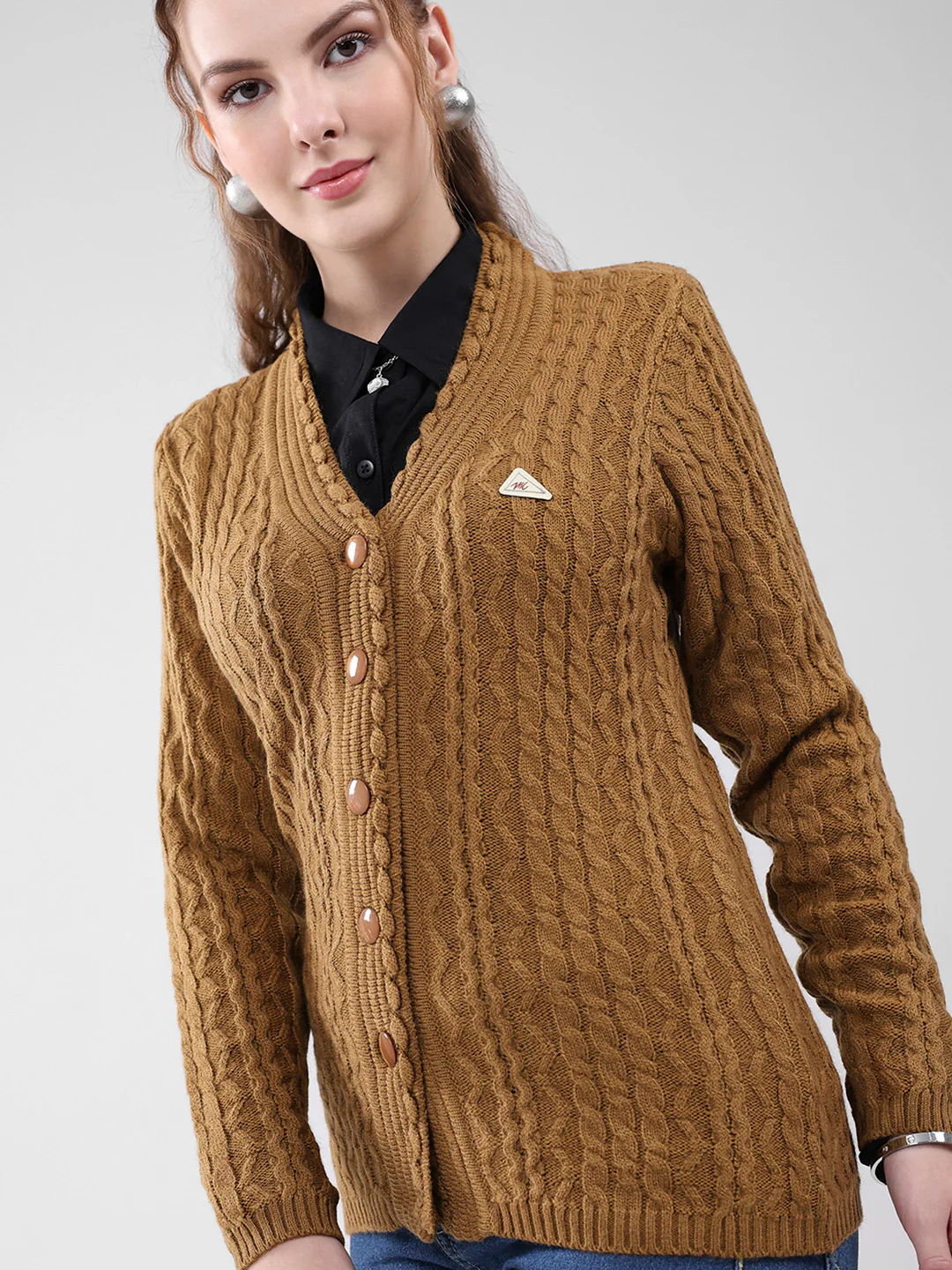 Women Mustard Self Design V Neck Full Sleeve Cardigan - Image 6