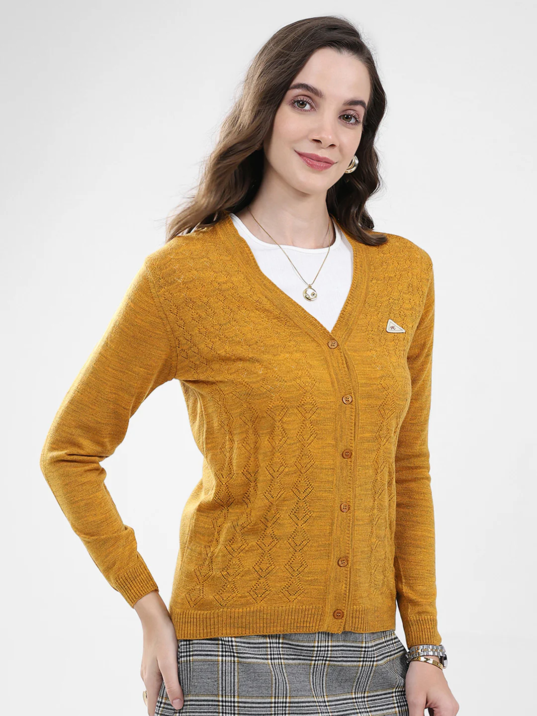 Women Mustard Self Design V Neck Full Sleeve Cardigan - Image 4