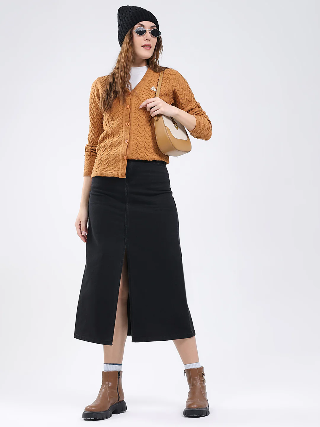Women Mustard Self Design V Neck Full Sleeve Cardigan - Image 2