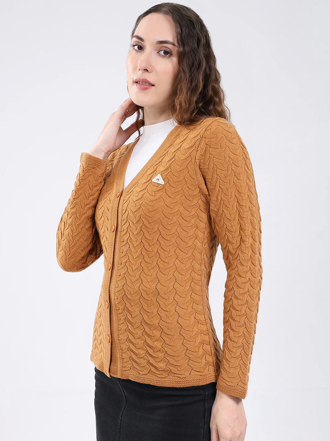 Women Mustard Self Design V Neck Full Sleeve Cardigan - Image 3