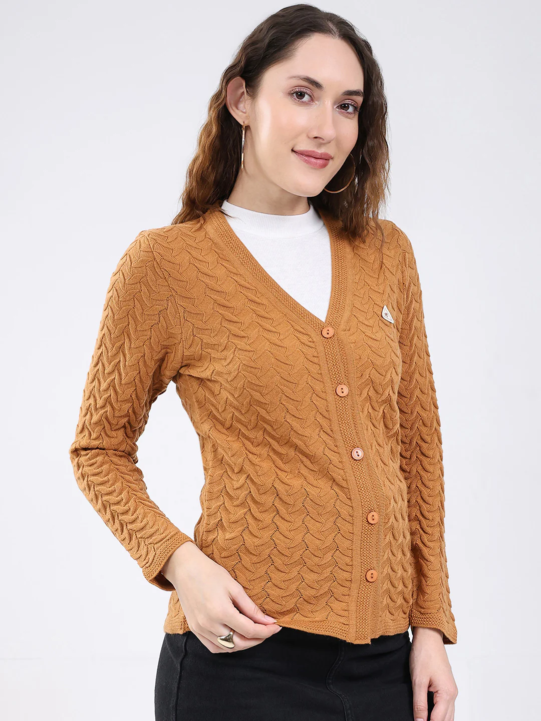 Women Mustard Self Design V Neck Full Sleeve Cardigan - Image 4