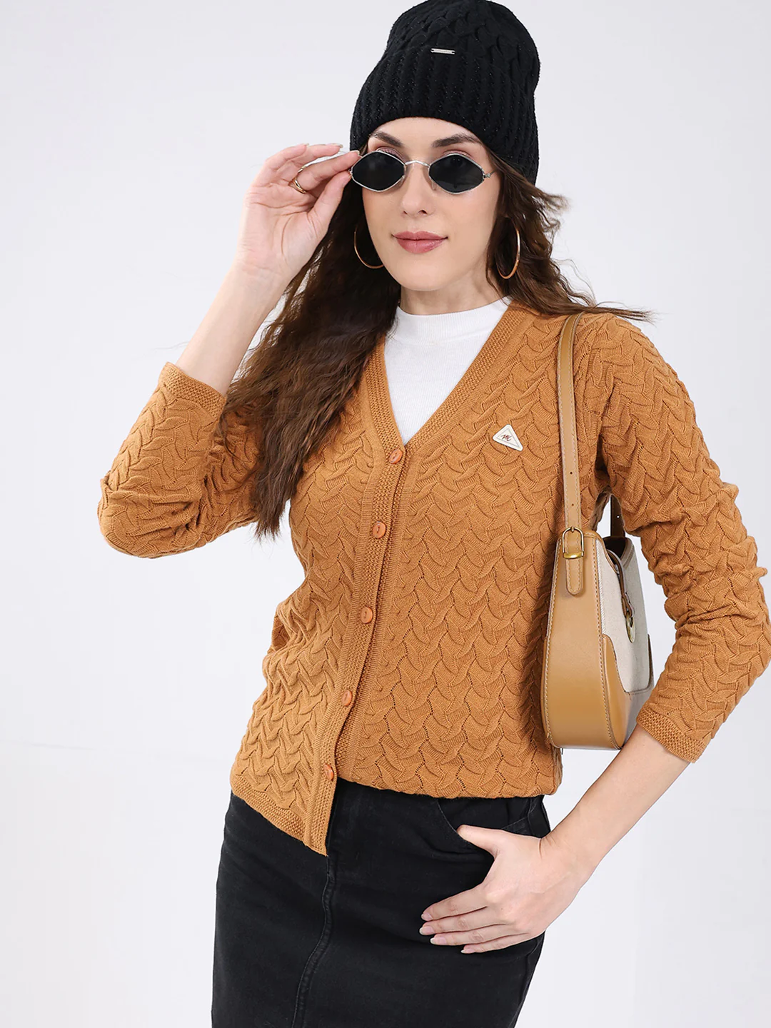 Women Mustard Self Design V Neck Full Sleeve Cardigan - Image 6