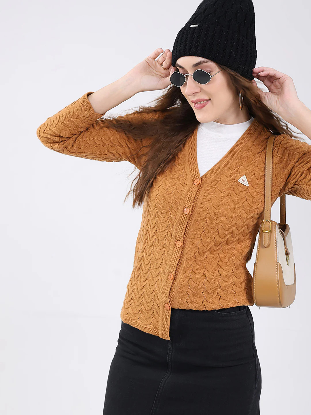 Women Mustard Self Design V Neck Full Sleeve Cardigan - Image 7