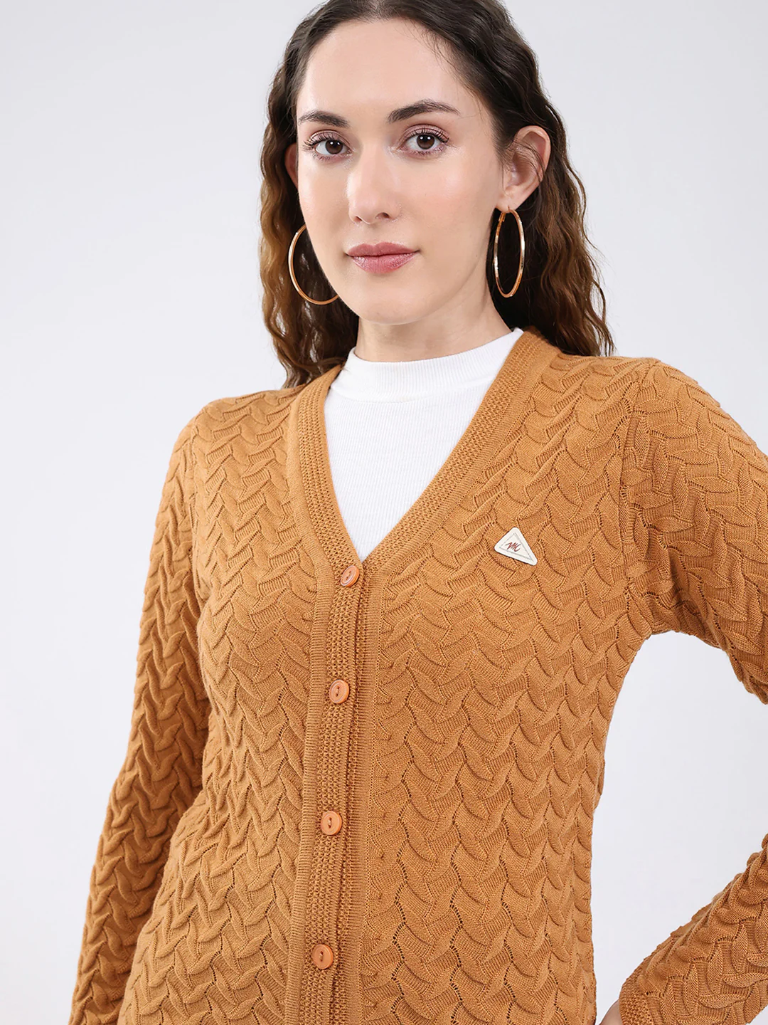 Women Mustard Self Design V Neck Full Sleeve Cardigan - Image 8