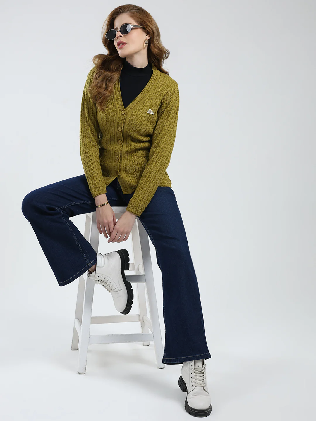 Women Mustard Self Design V Neck Full Sleeve Cardigan - Image 2