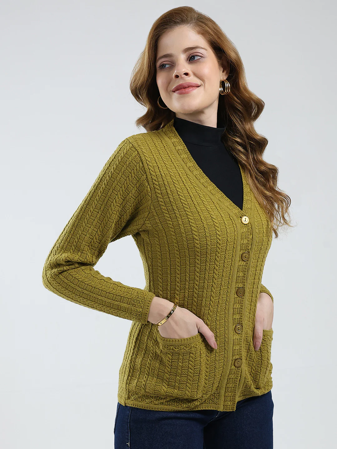 Women Mustard Self Design V Neck Full Sleeve Cardigan - Image 4