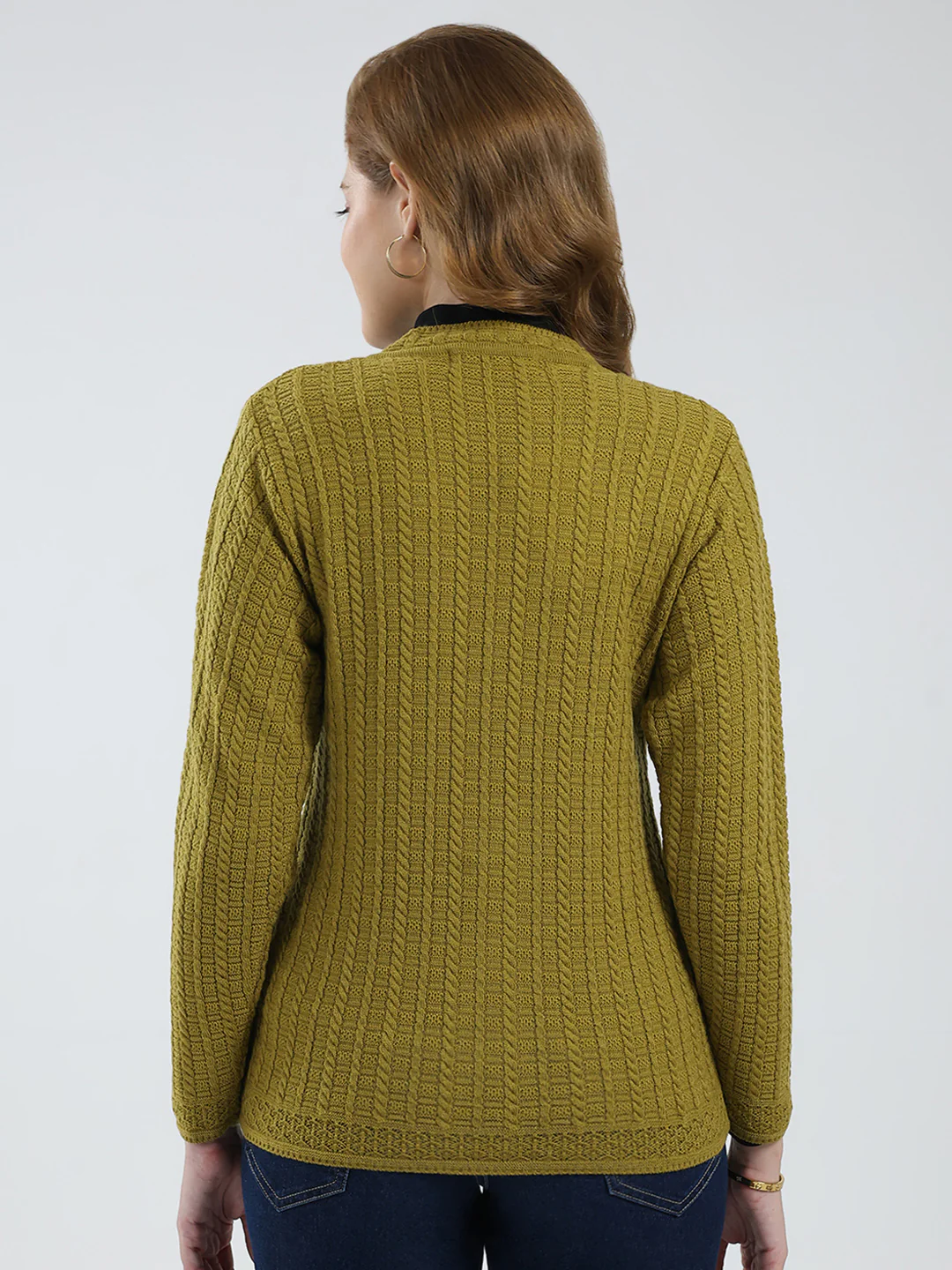Women Mustard Self Design V Neck Full Sleeve Cardigan - Image 5