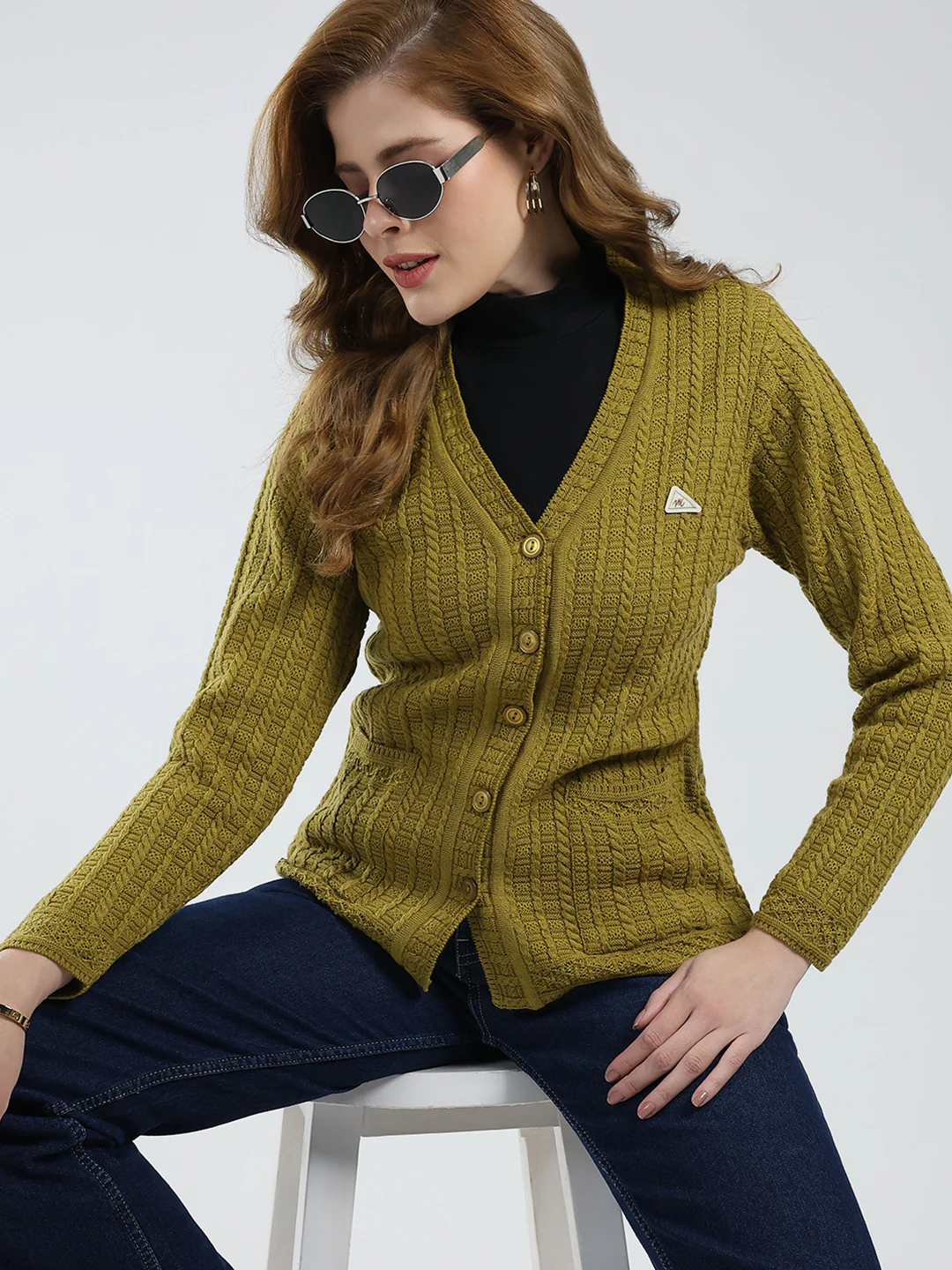 Women Mustard Self Design V Neck Full Sleeve Cardigan - Image 6