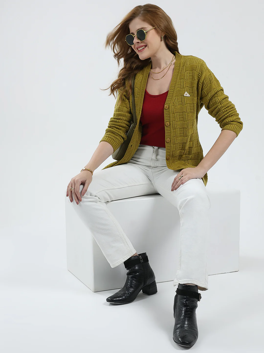 Women Mustard Self Design V Neck Full Sleeve Cardigan - Image 2