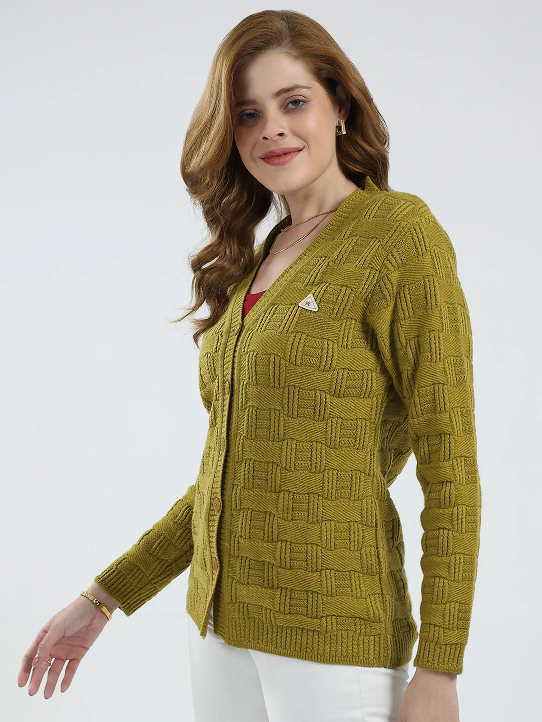 Women Mustard Self Design V Neck Full Sleeve Cardigan - Image 3