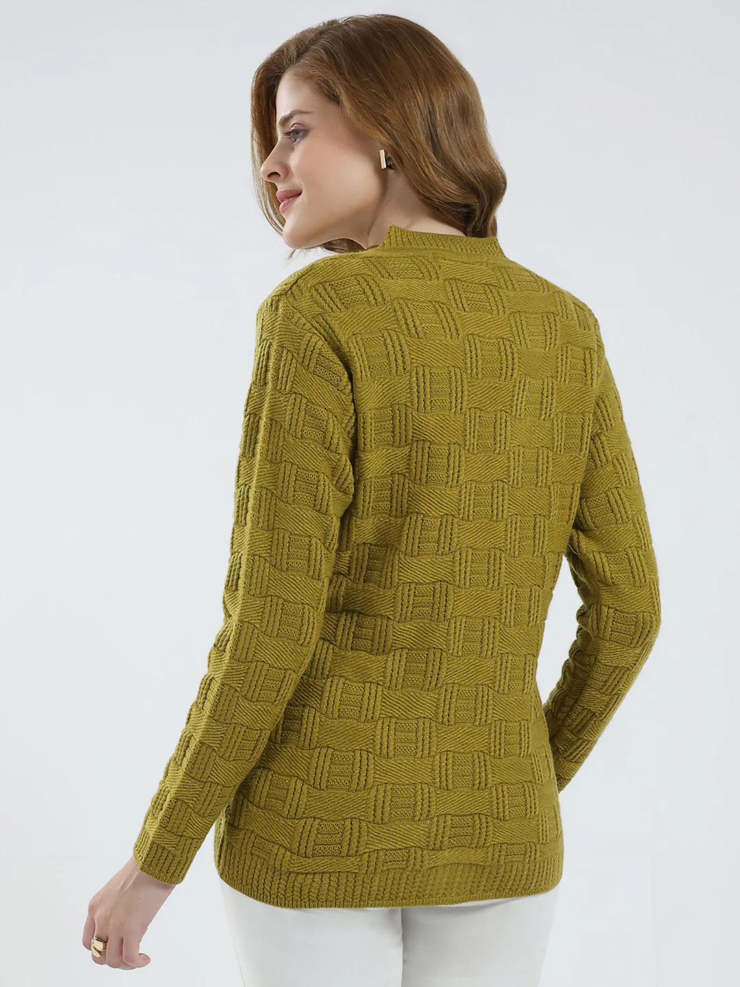 Women Mustard Self Design V Neck Full Sleeve Cardigan - Image 5