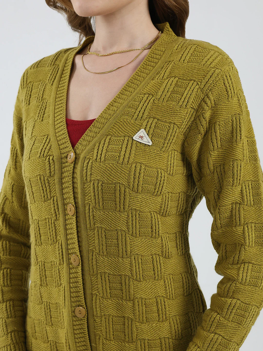 Women Mustard Self Design V Neck Full Sleeve Cardigan - Image 7
