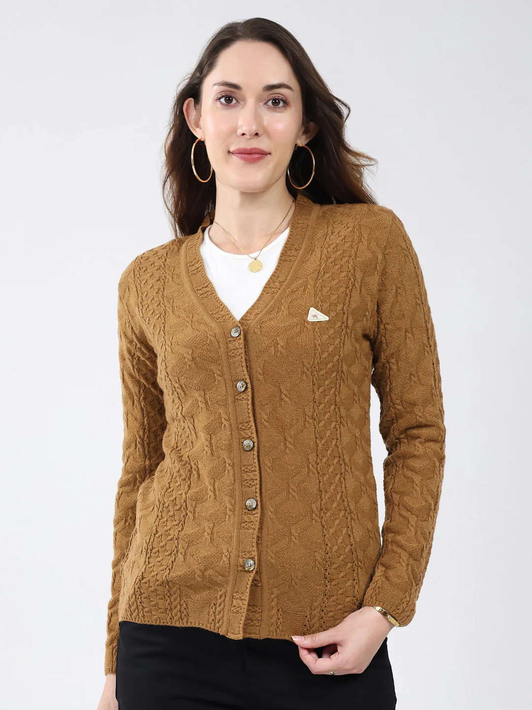 Women Mustard Self Design V Neck Full Sleeve Cardigan