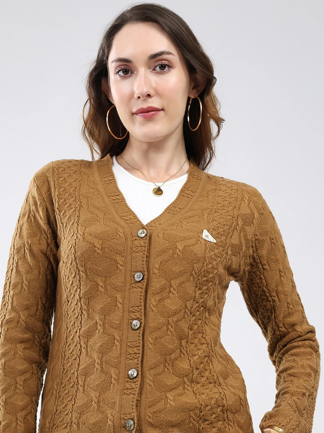 Women Mustard Self Design V Neck Full Sleeve Cardigan - Image 7