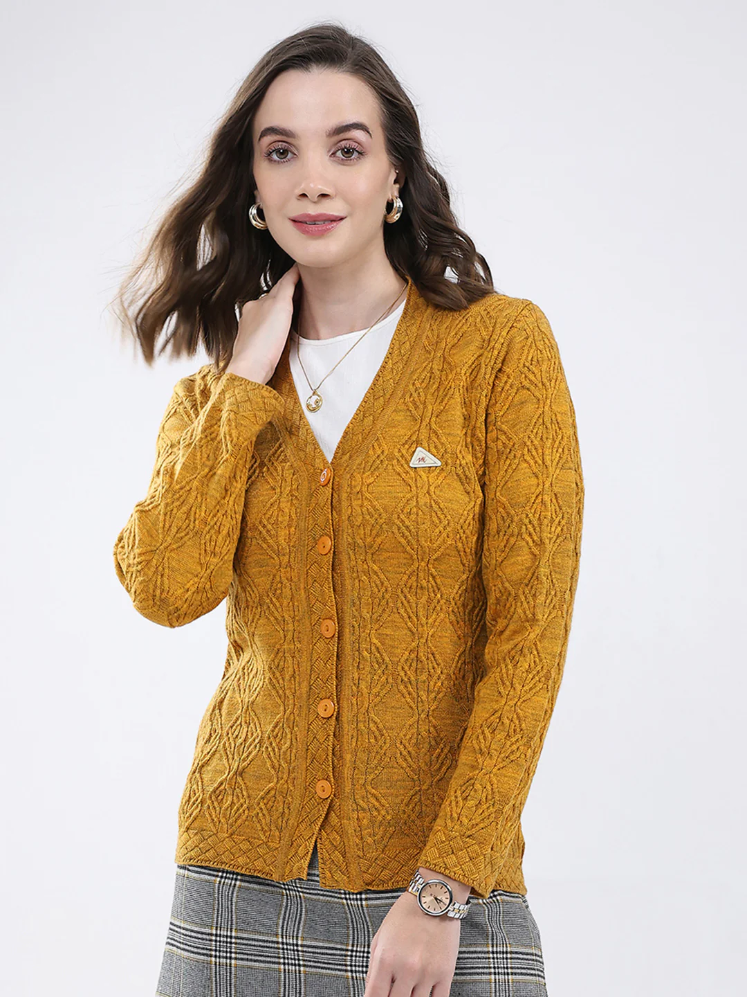 Women Mustard Self Design V Neck Full Sleeve Cardigan
