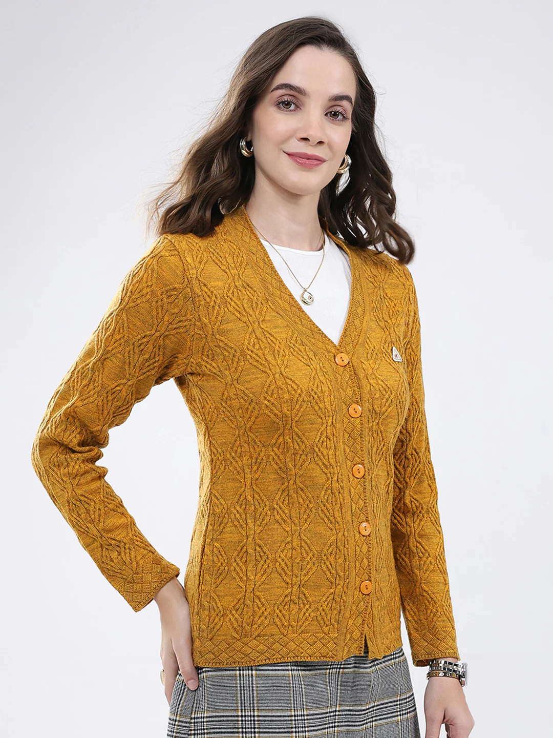 Women Mustard Self Design V Neck Full Sleeve Cardigan - Image 4