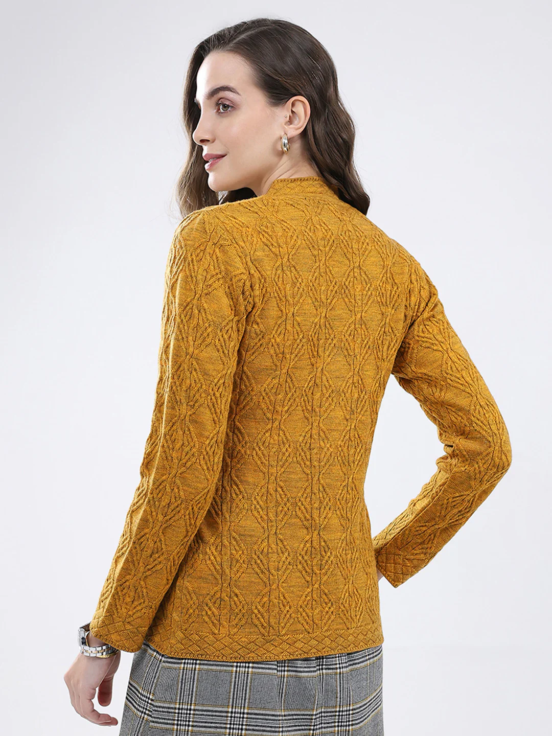 Women Mustard Self Design V Neck Full Sleeve Cardigan - Image 5