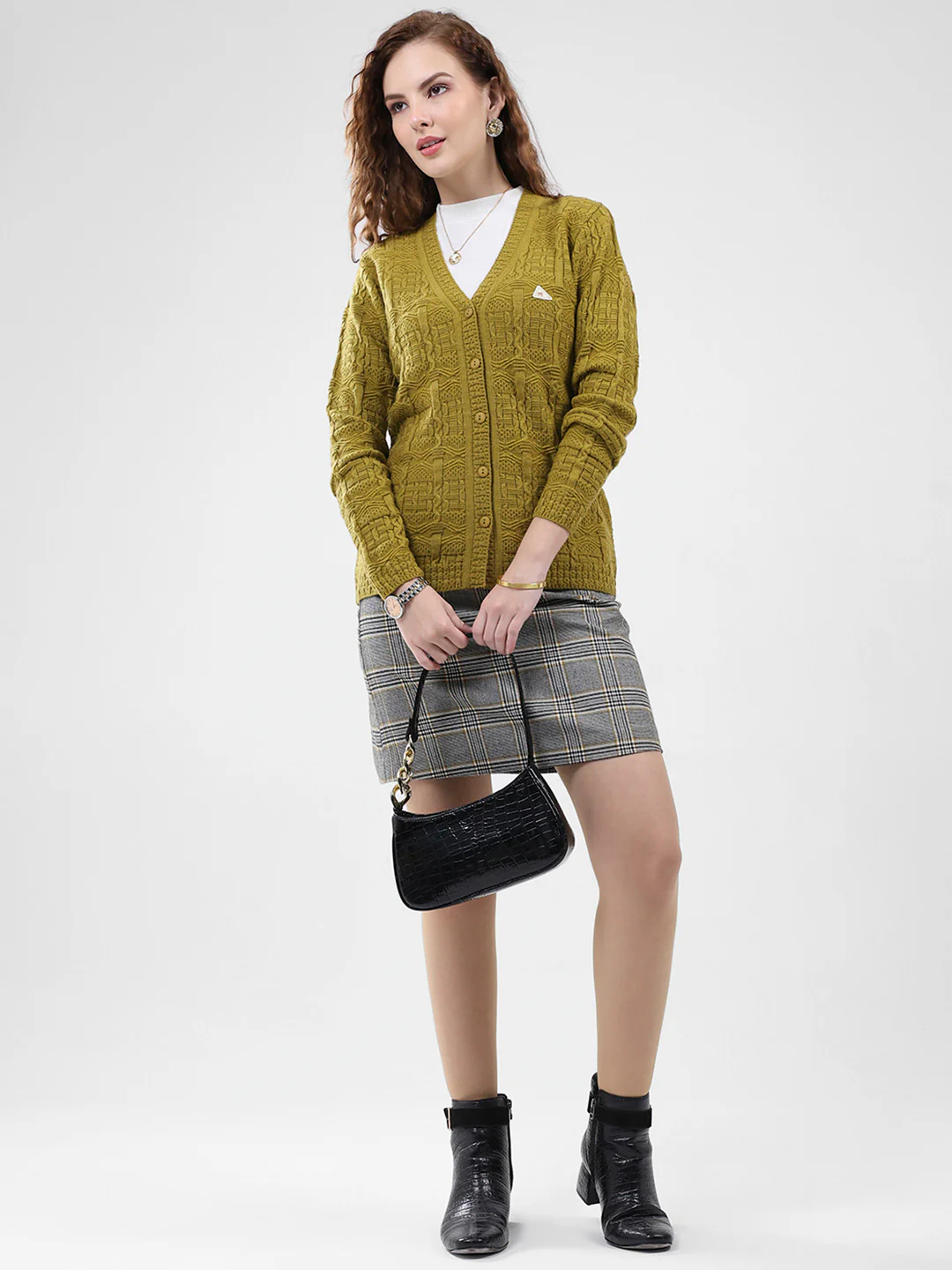 Women Mustard Self Design V Neck Full Sleeve Cardigan - Image 2