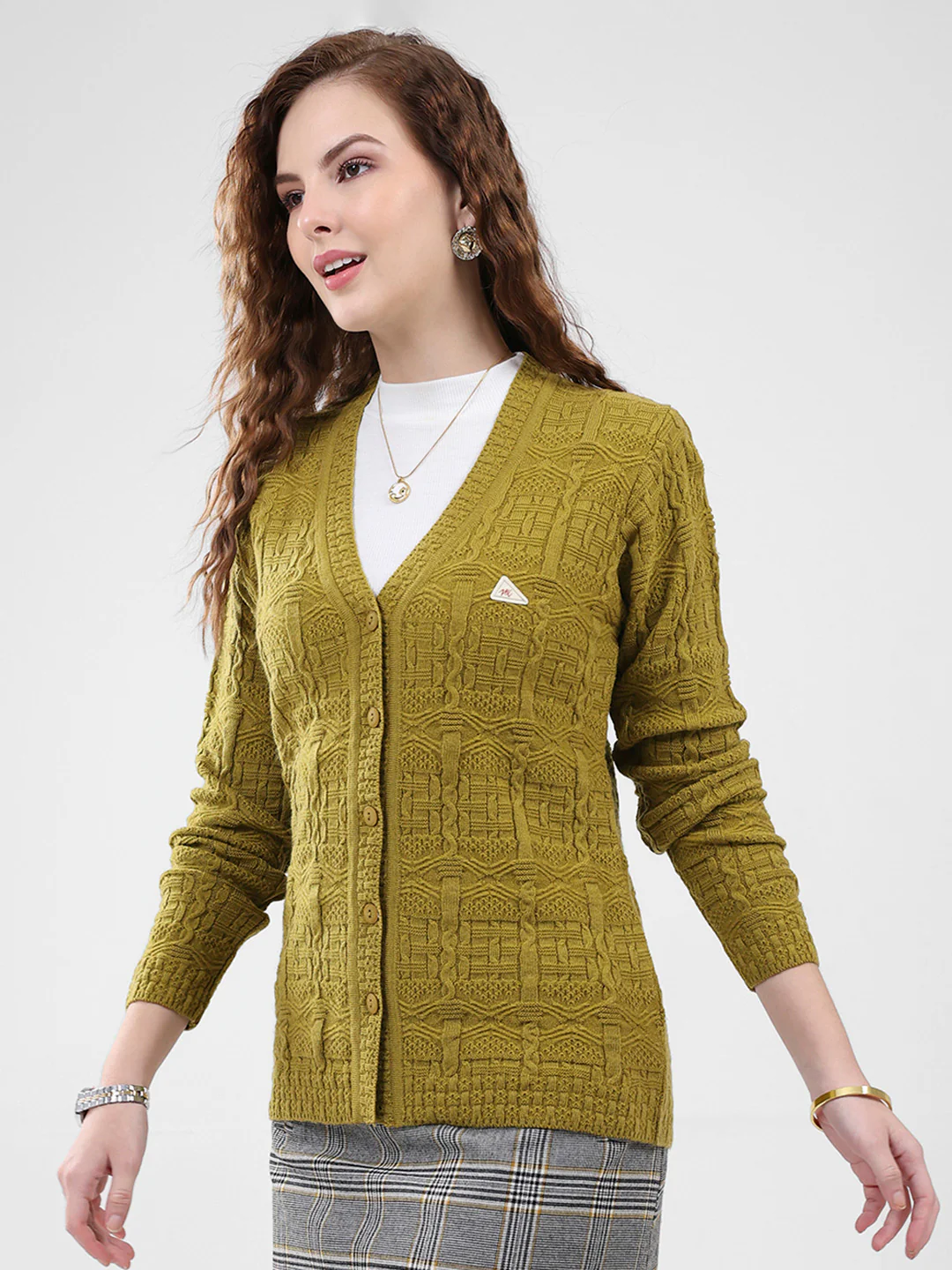 Women Mustard Self Design V Neck Full Sleeve Cardigan - Image 3