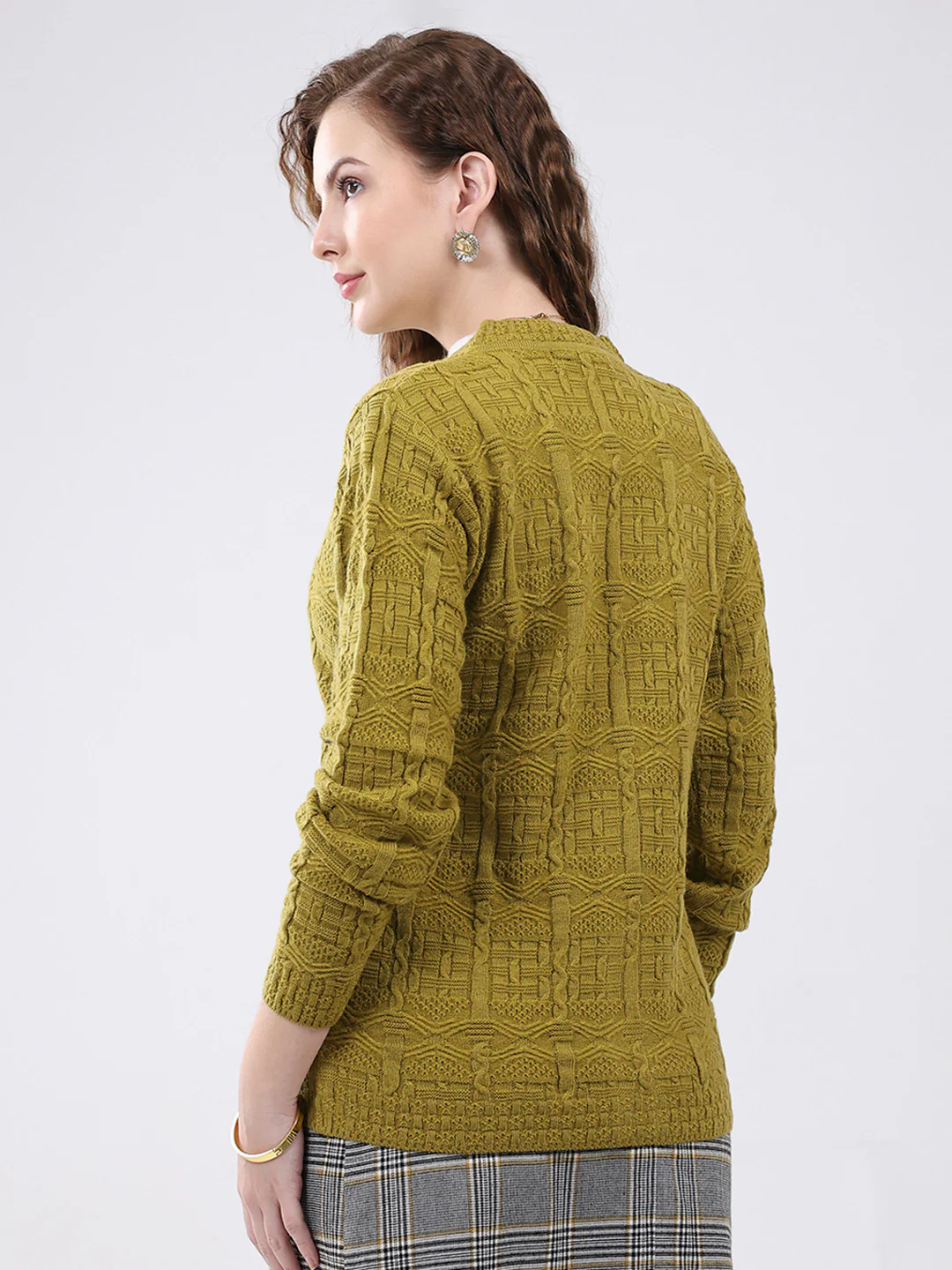 Women Mustard Self Design V Neck Full Sleeve Cardigan - Image 5