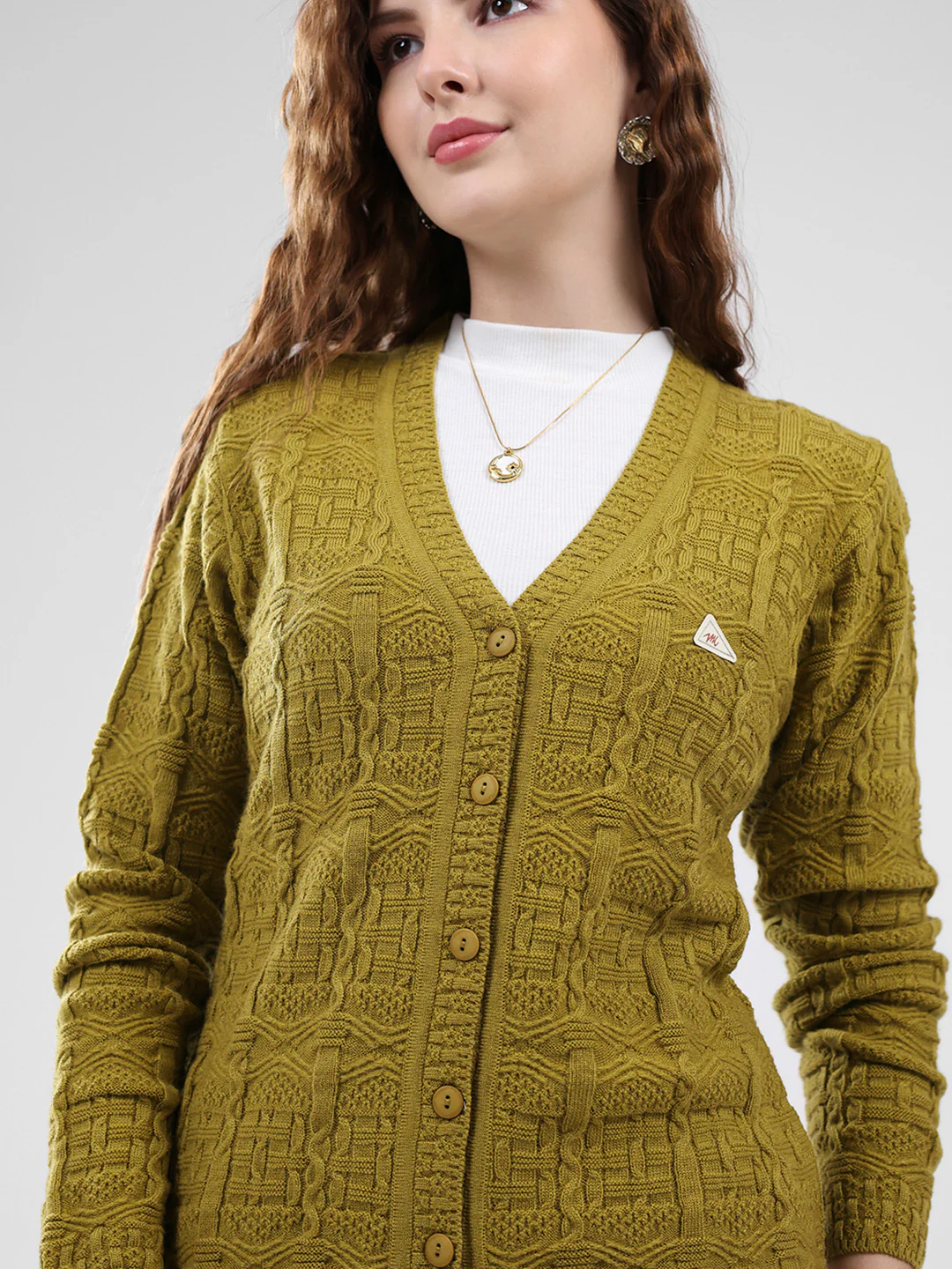 Women Mustard Self Design V Neck Full Sleeve Cardigan - Image 6