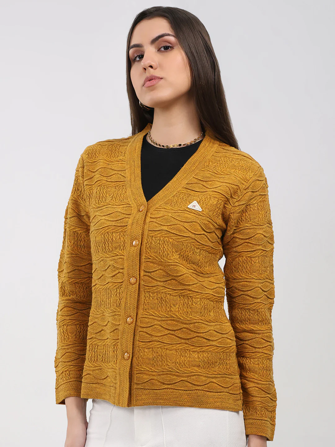 Women Mustard Self Design V Neck Full Sleeve Cardigan - Image 3