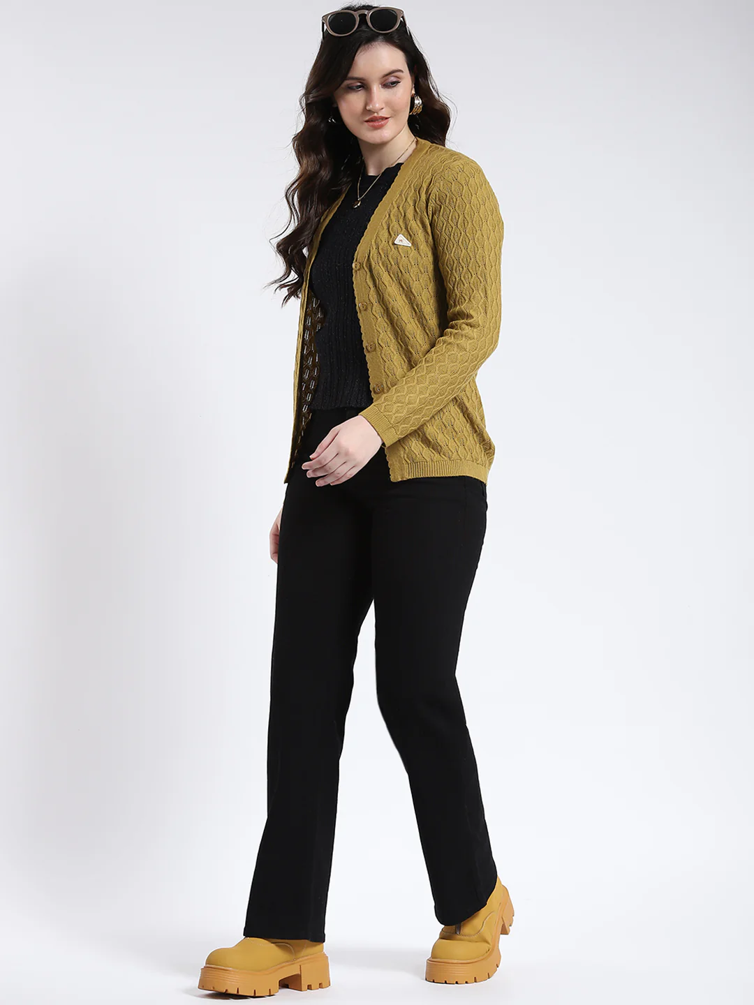 Women Mustard Self Design V Neck Full Sleeve Cardigan - Image 2