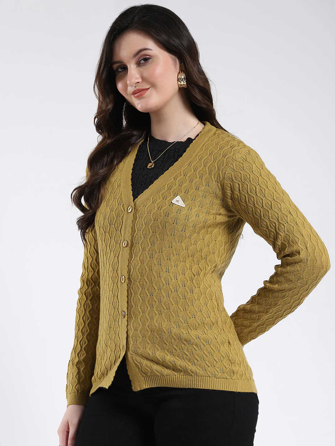 Women Mustard Self Design V Neck Full Sleeve Cardigan - Image 3