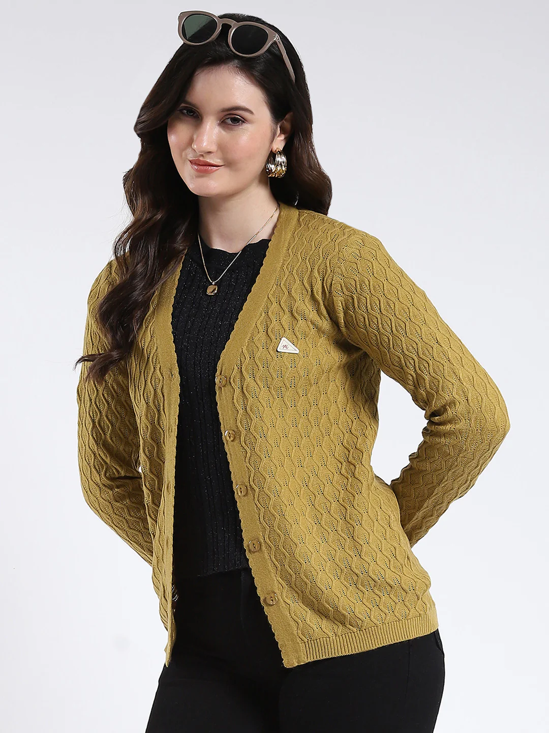 Women Mustard Self Design V Neck Full Sleeve Cardigan - Image 6