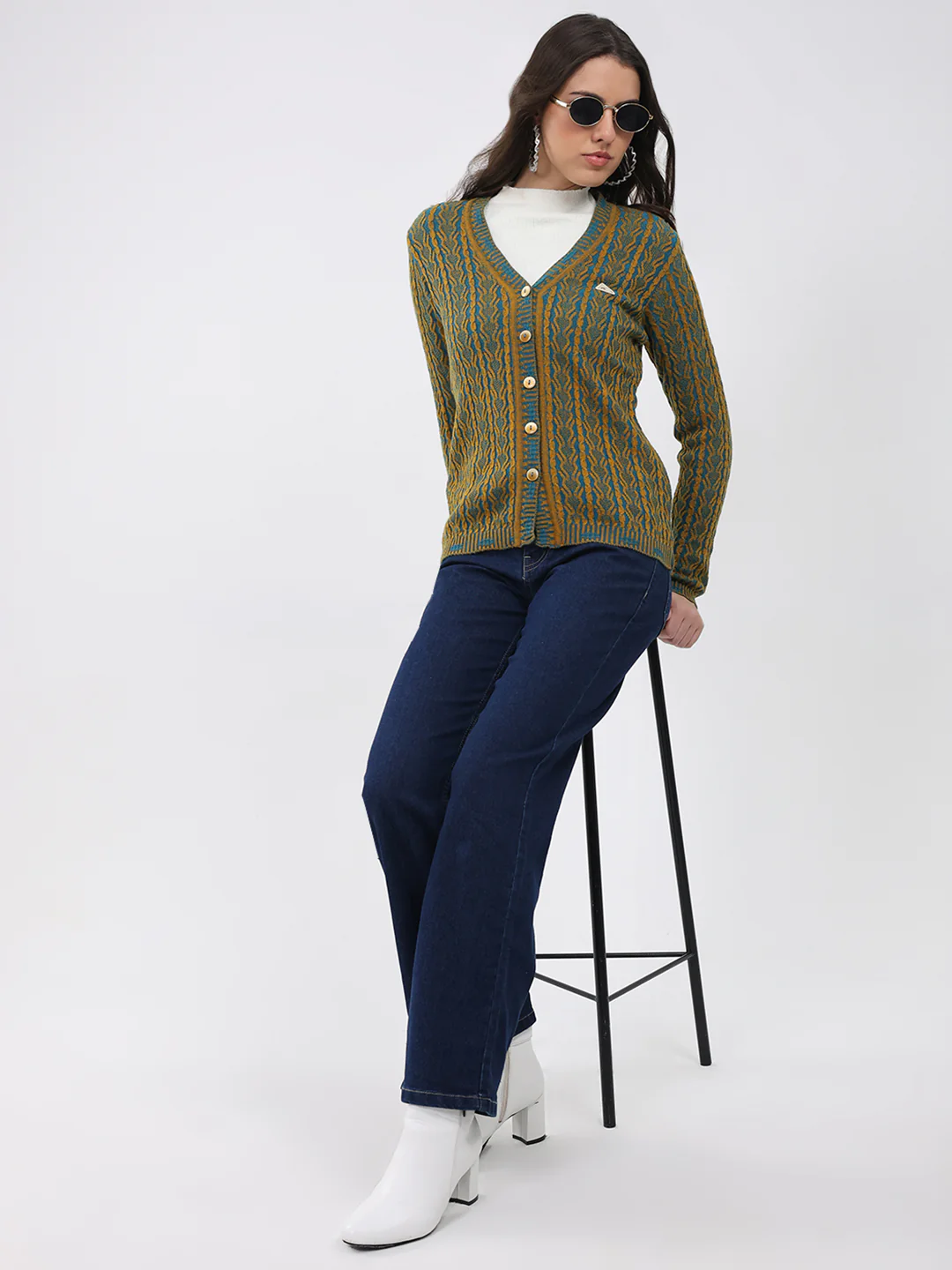 Women Mustard Self Design V Neck Full Sleeve Cardigan - Image 2