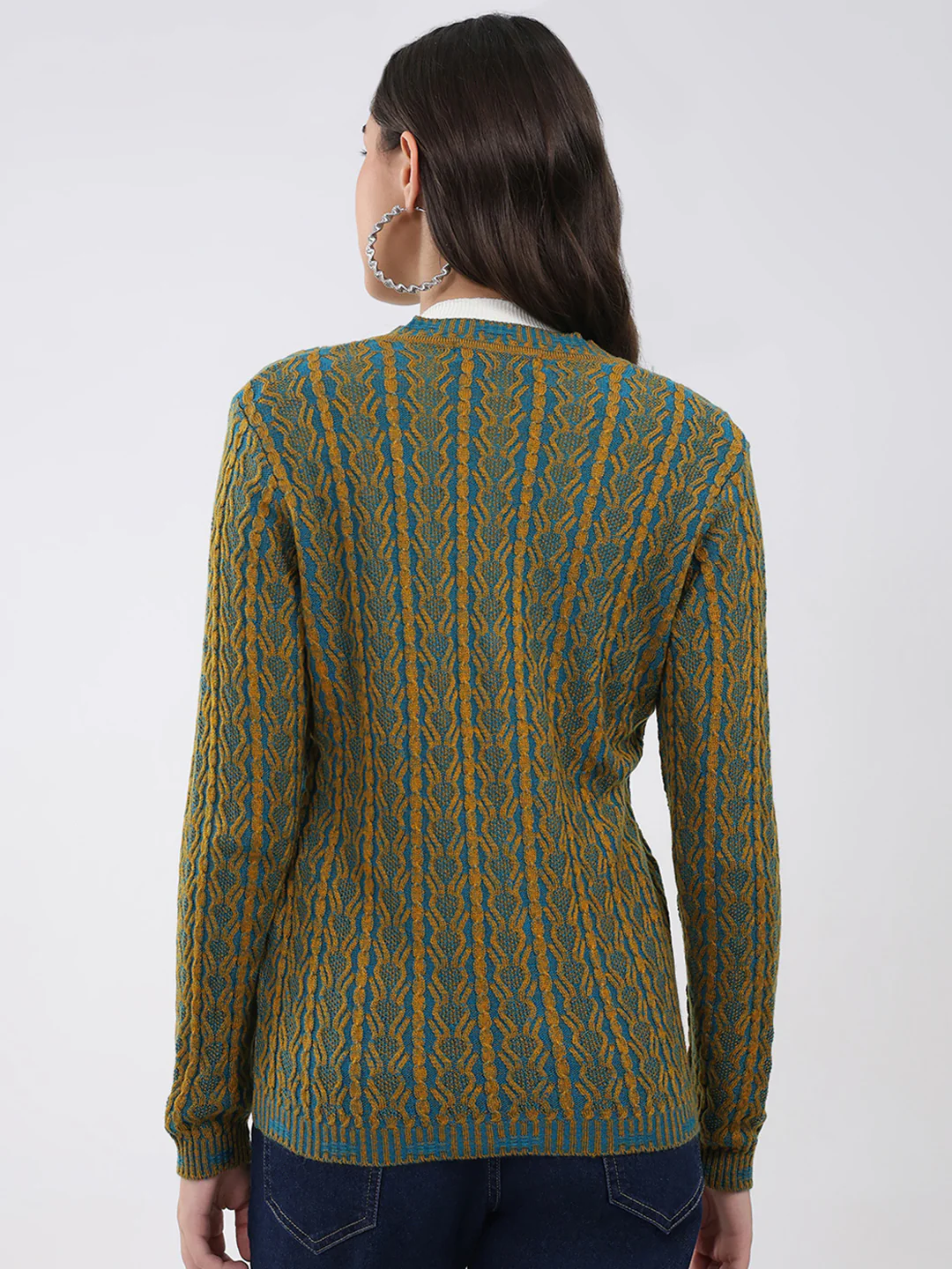 Women Mustard Self Design V Neck Full Sleeve Cardigan - Image 5