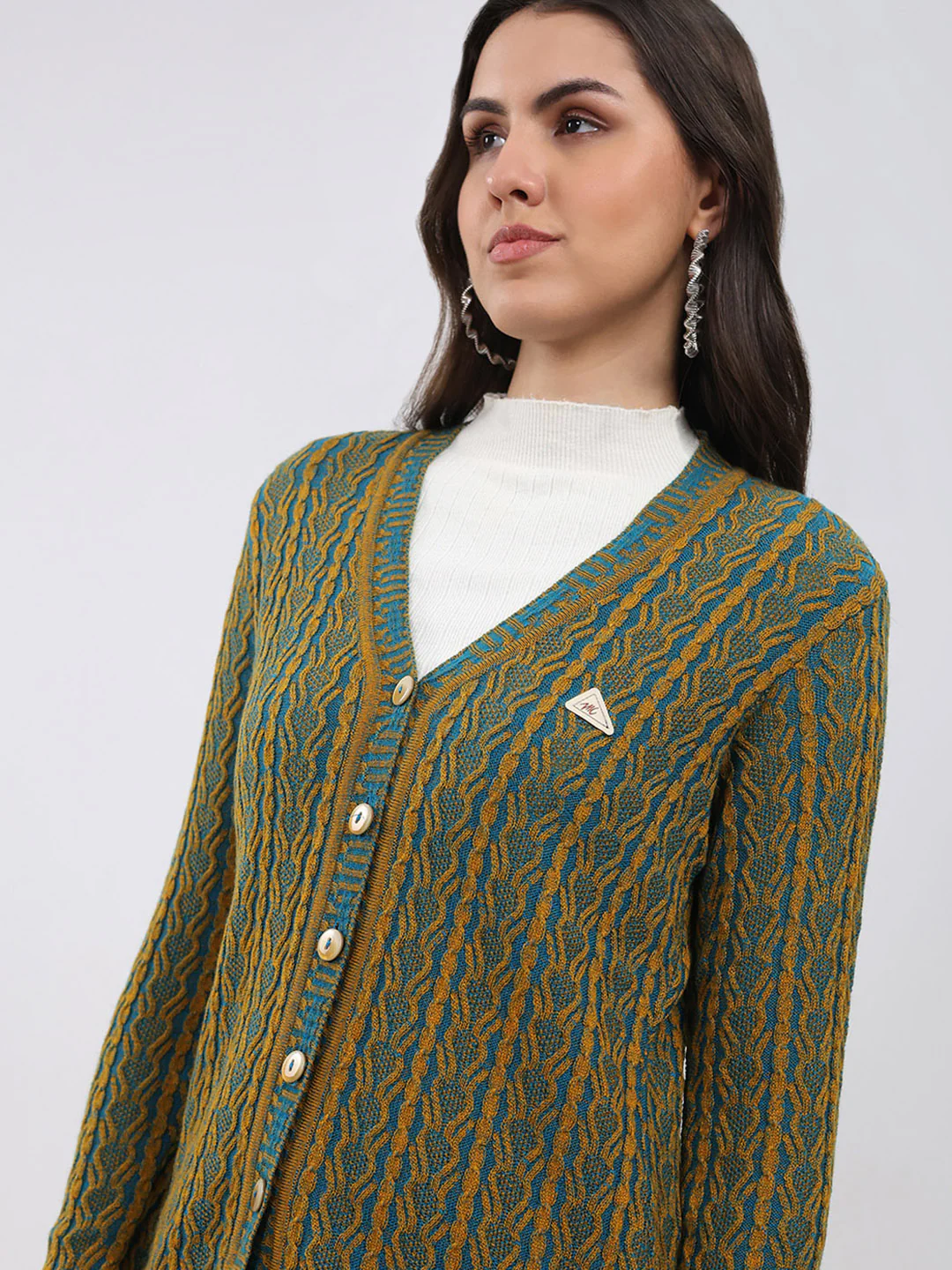 Women Mustard Self Design V Neck Full Sleeve Cardigan - Image 6
