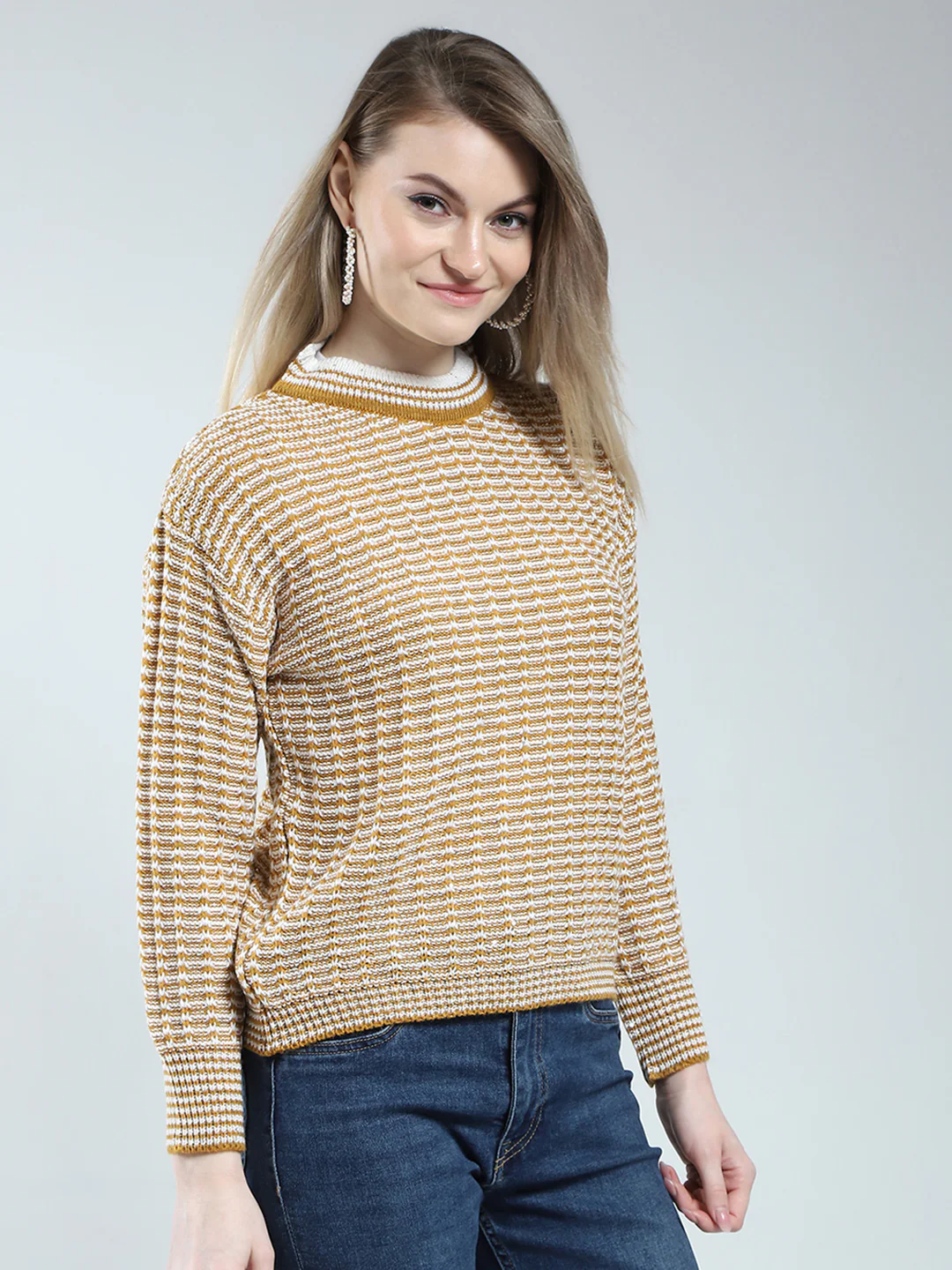 Women Mustard Self Design Round Neck Full Sleeve Winter Top - Image 4