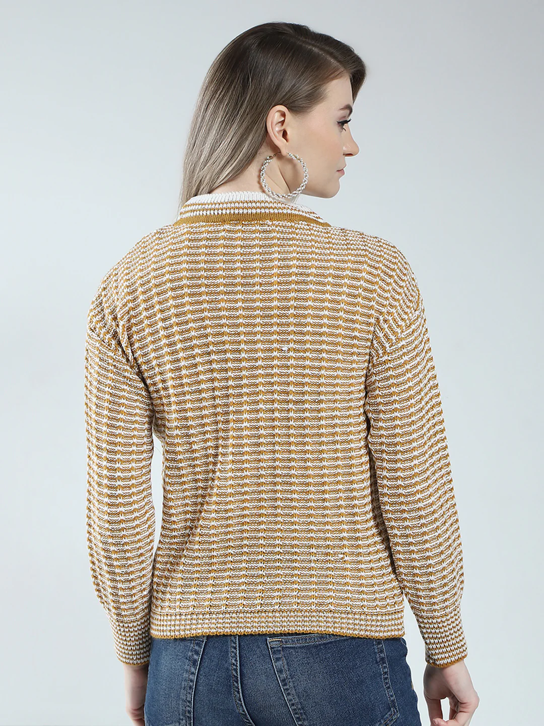 Women Mustard Self Design Round Neck Full Sleeve Winter Top - Image 5