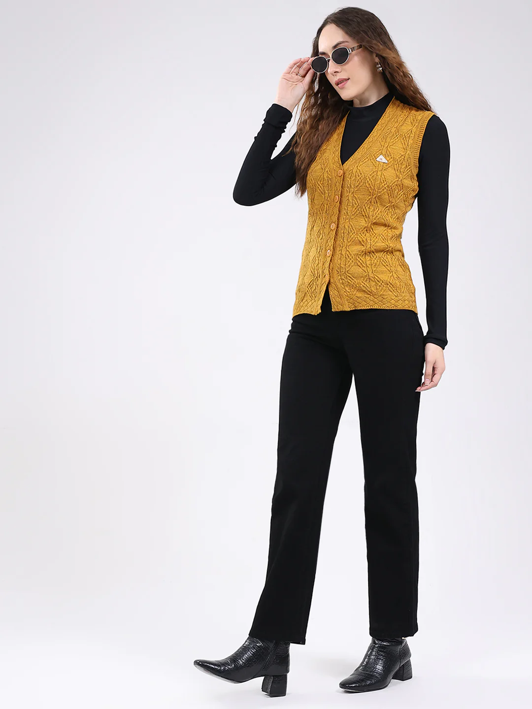 Women Mustard Self Design V Neck Sleeveless Cardigan - Image 2