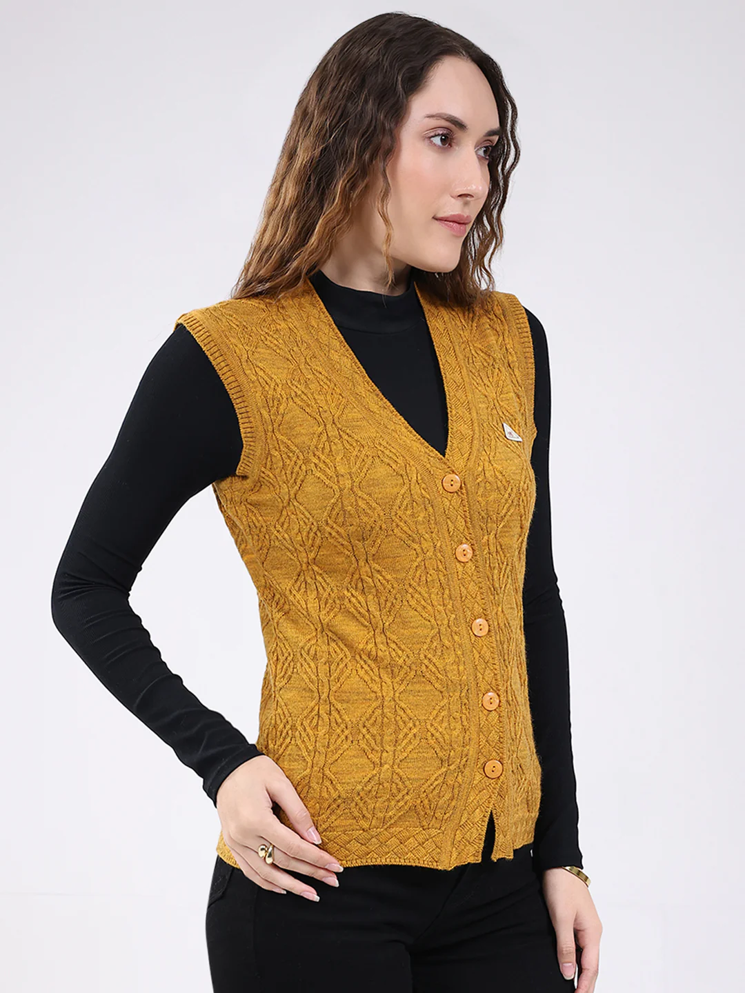 Women Mustard Self Design V Neck Sleeveless Cardigan - Image 4