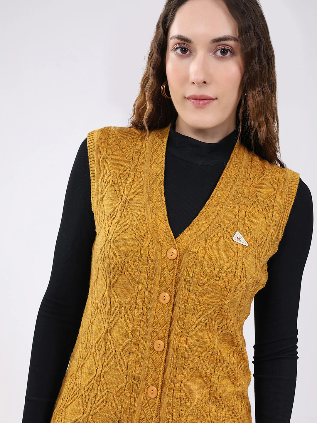 Women Mustard Self Design V Neck Sleeveless Cardigan - Image 6