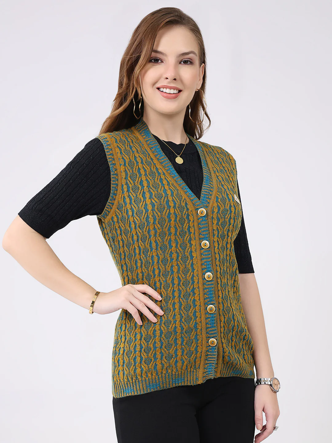 Women Mustard Self Design V Neck Sleeveless Cardigan - Image 4