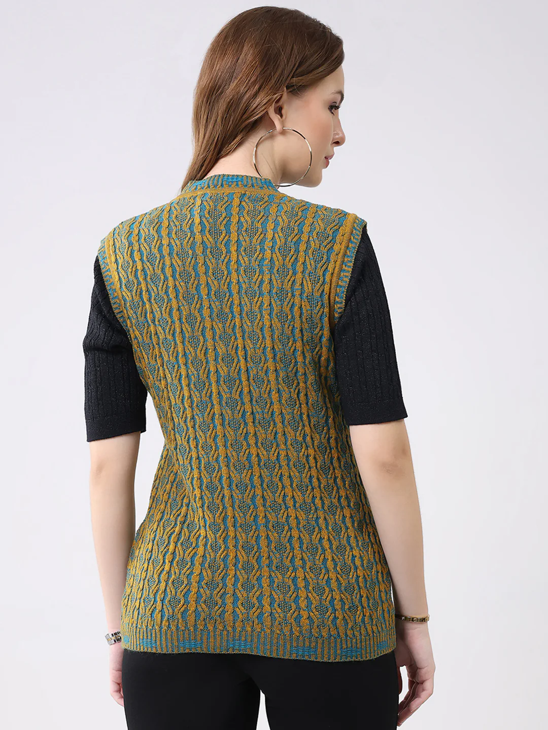 Women Mustard Self Design V Neck Sleeveless Cardigan - Image 5