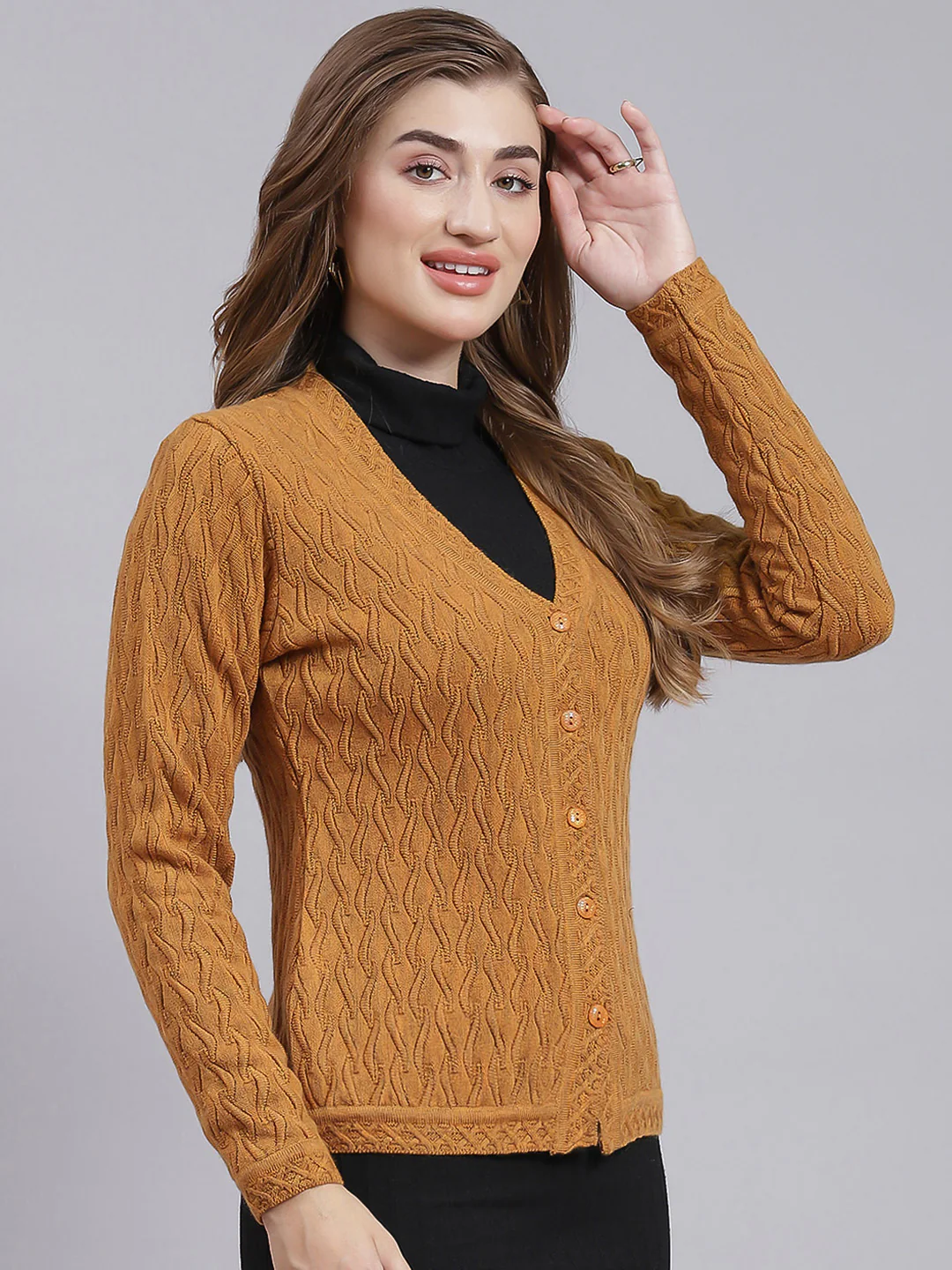 Women Mustard Self Design Wool blend Cardigan - Image 2