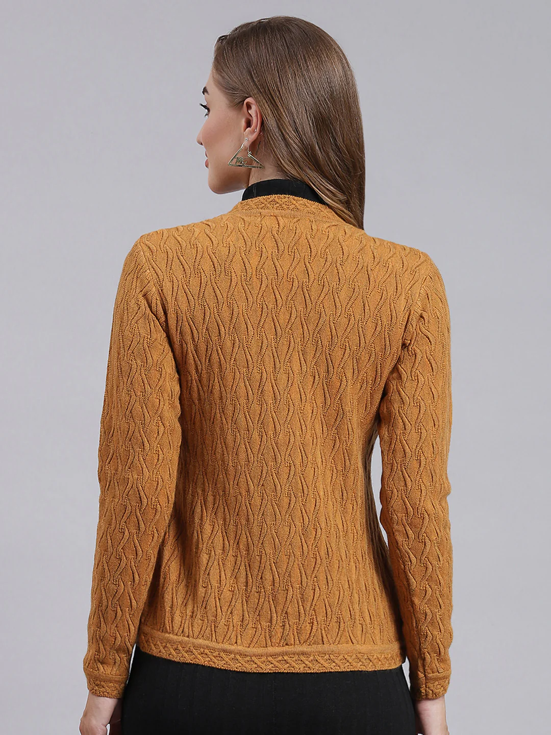 Women Mustard Self Design Wool blend Cardigan - Image 4
