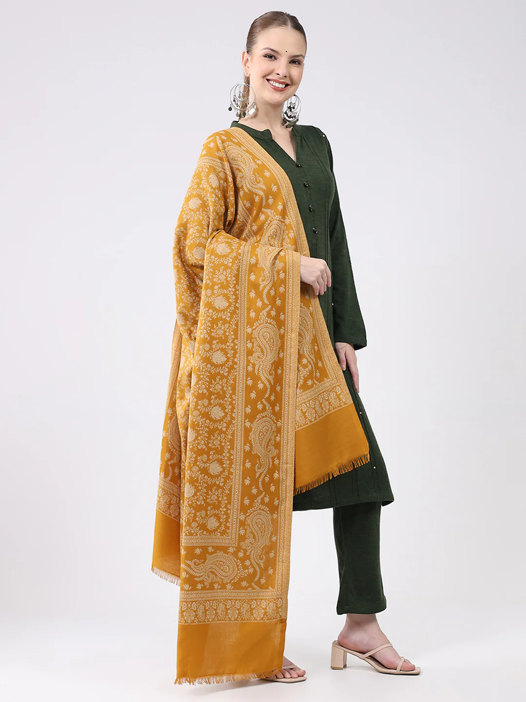 Women Mustard Self Design Wool Shawl - Image 4