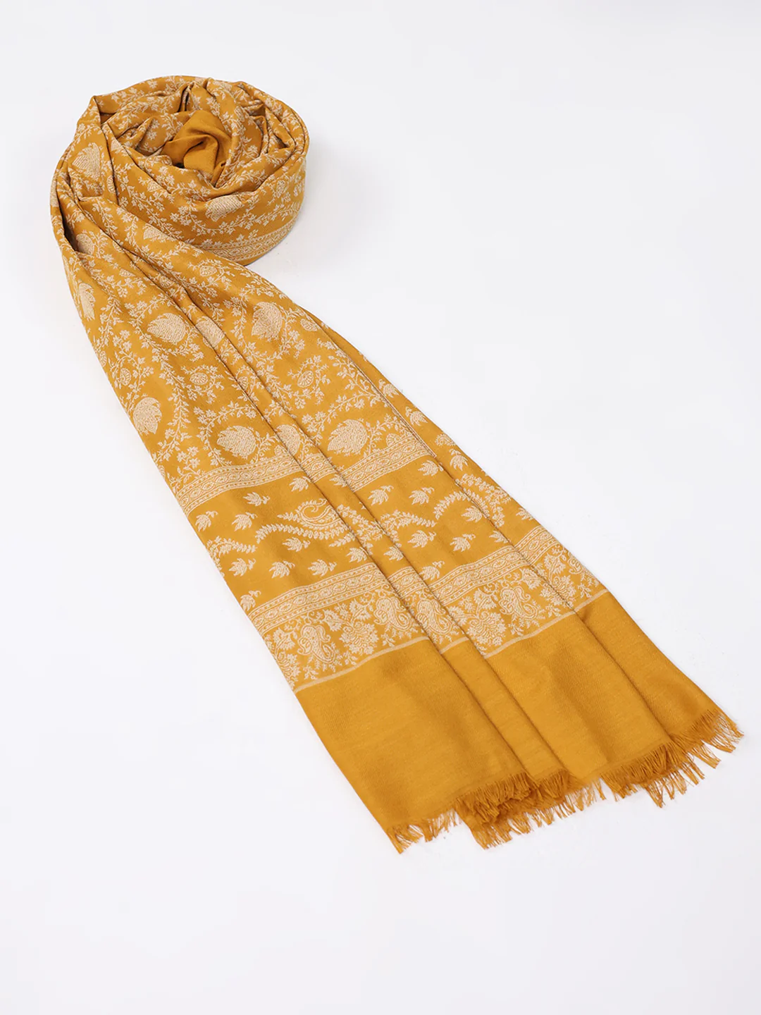 Women Mustard Self Design Wool Shawl - Image 6