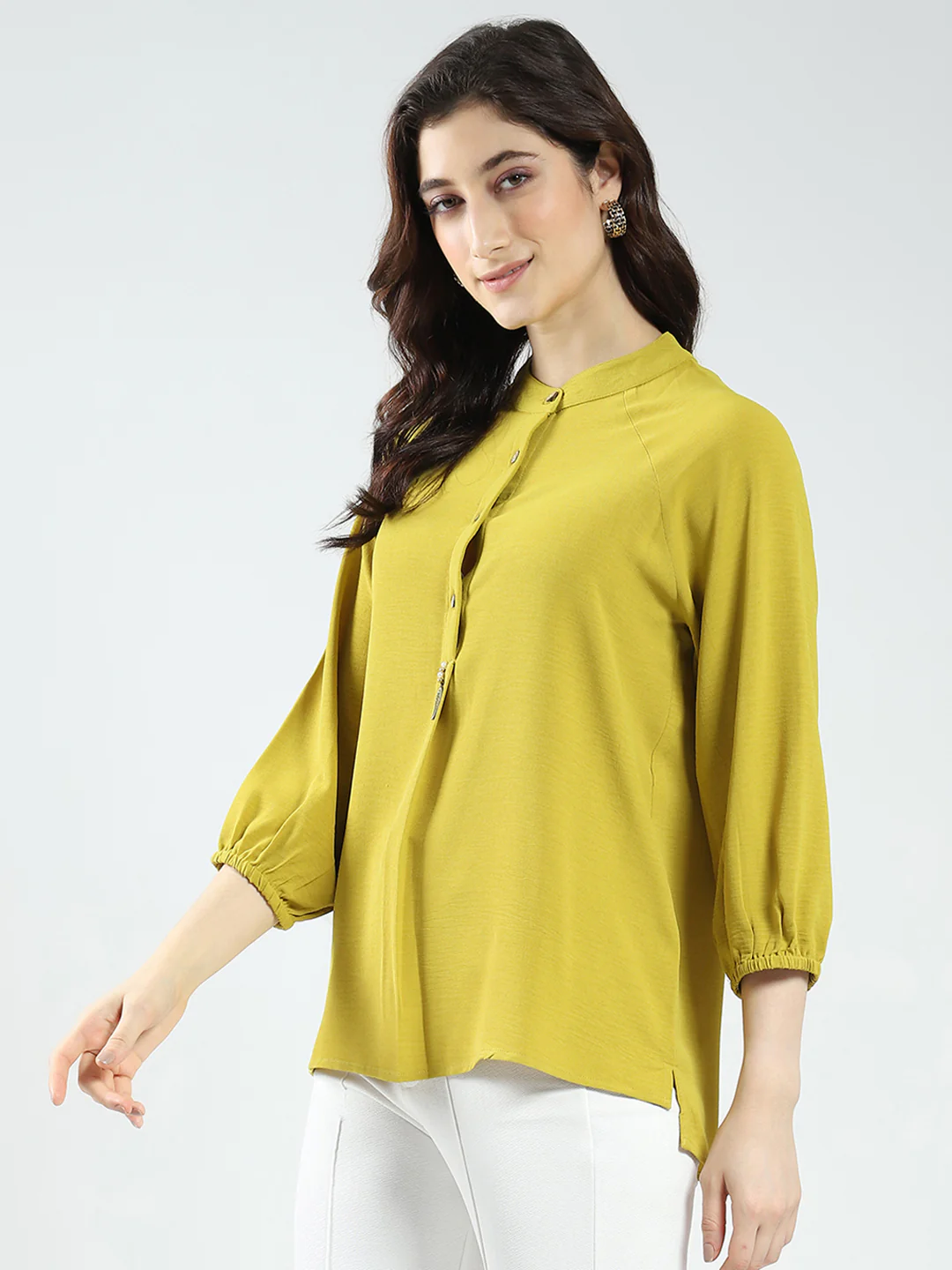 Women Mustard Solid Band Neck 3/4th Sleeve Top - Image 4