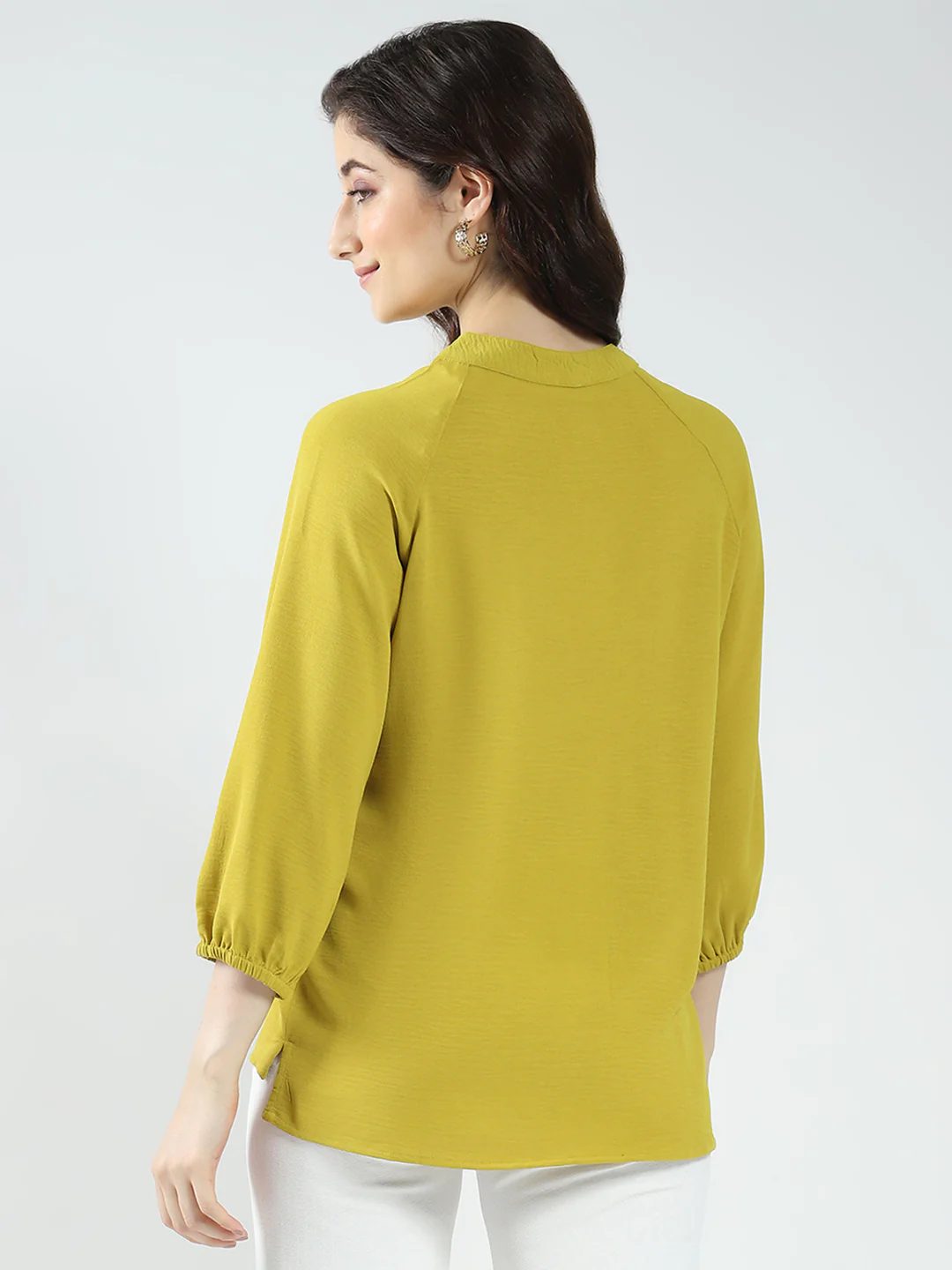 Women Mustard Solid Band Neck 3/4th Sleeve Top - Image 6